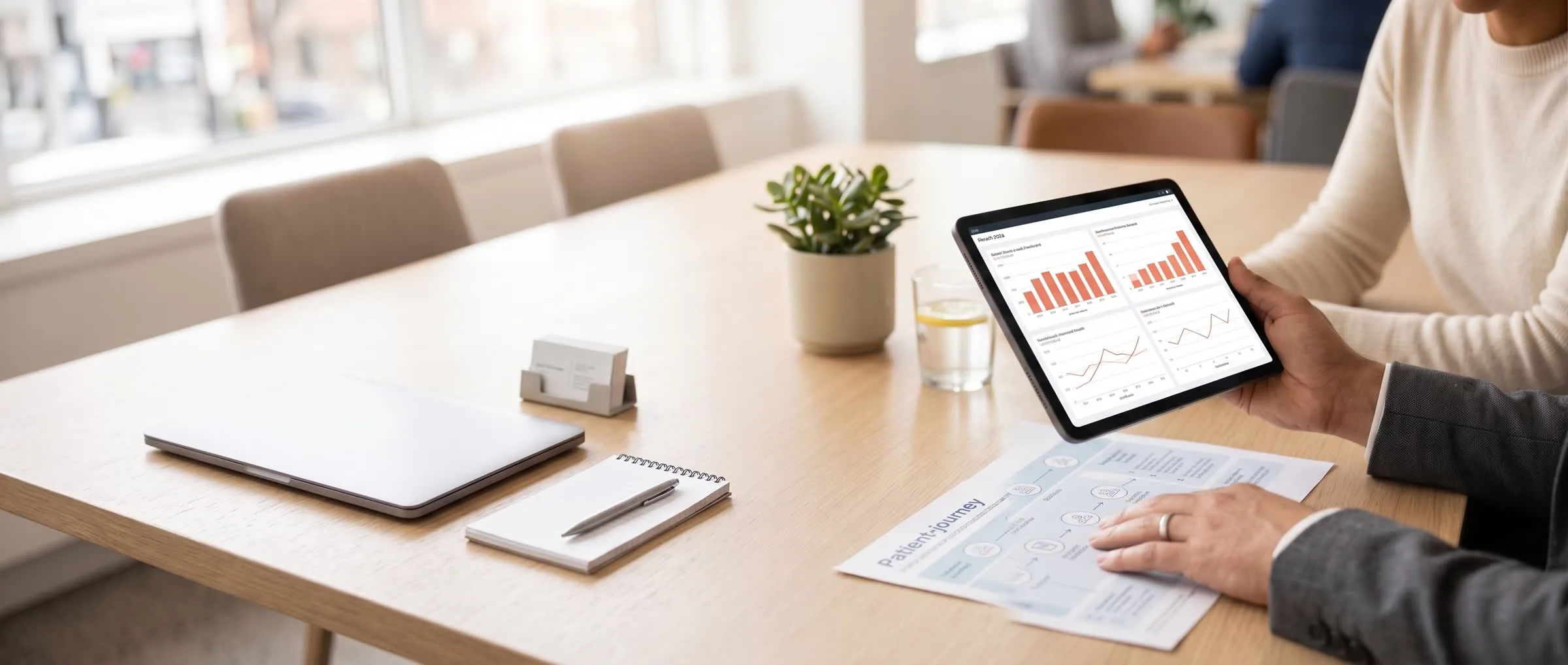 A health-strategy consultant reviewing a health-economics dashboard and patient-journey pathway on a tablet