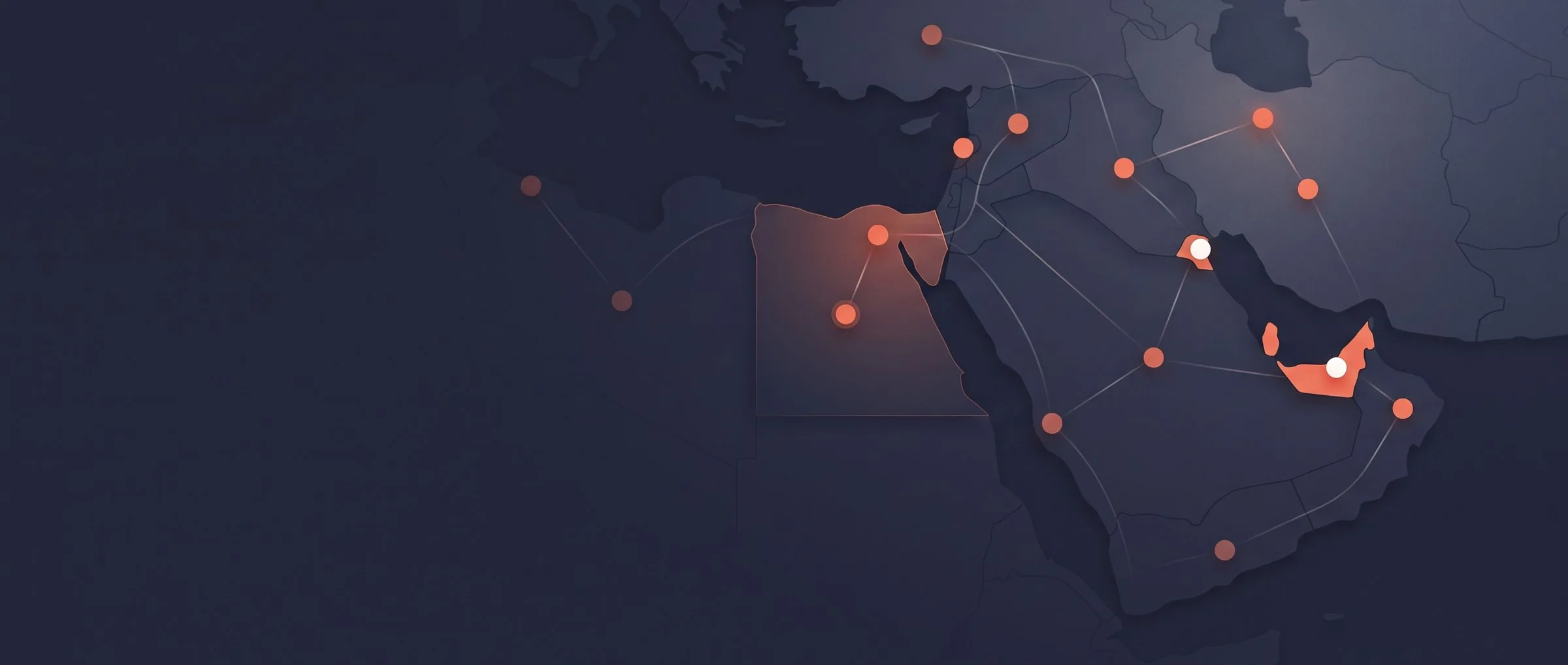 Flat-design map of the Middle East and North Africa with Egypt highlighted in orange and network nodes linked across the region