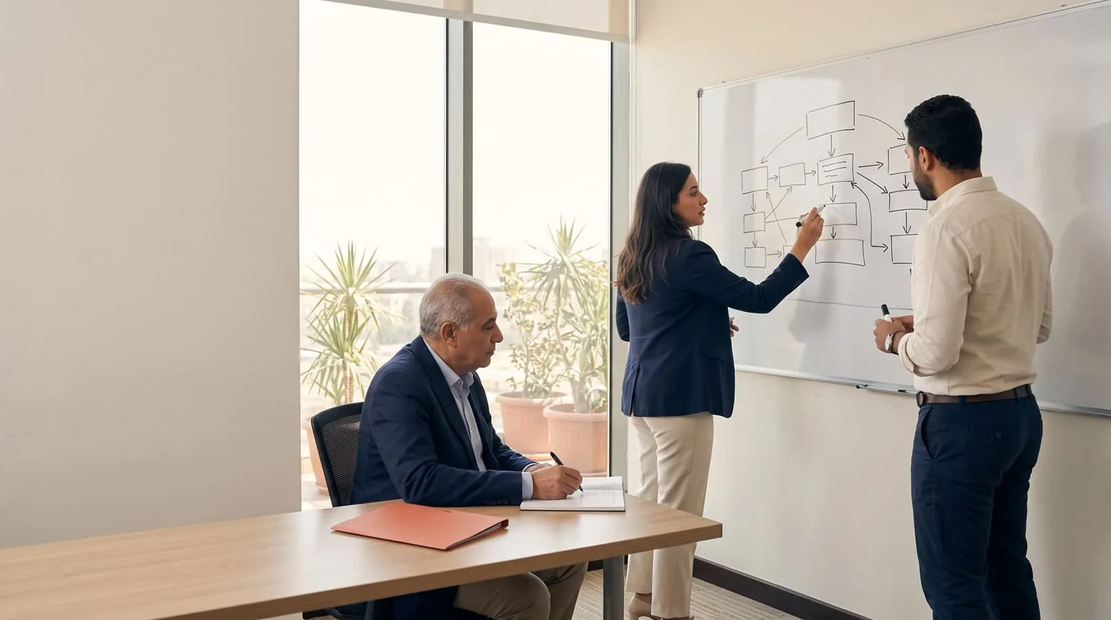 Consultants mapping an evidence-to-access pathway on a whiteboard