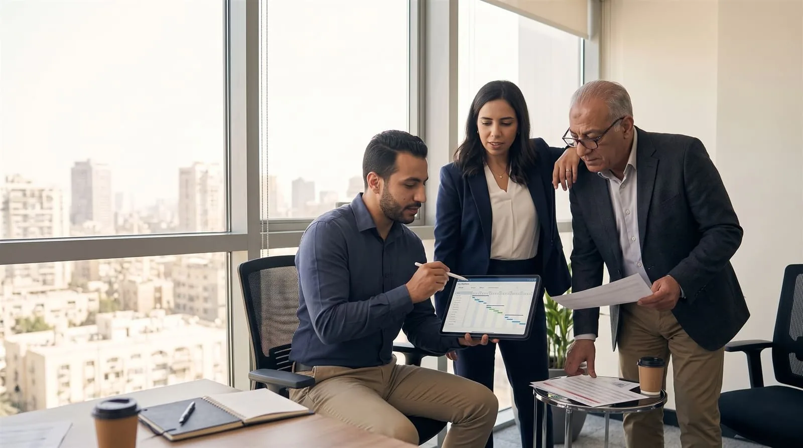 Roadmap Consulting team reviewing data on a tablet in a bright Cairo office