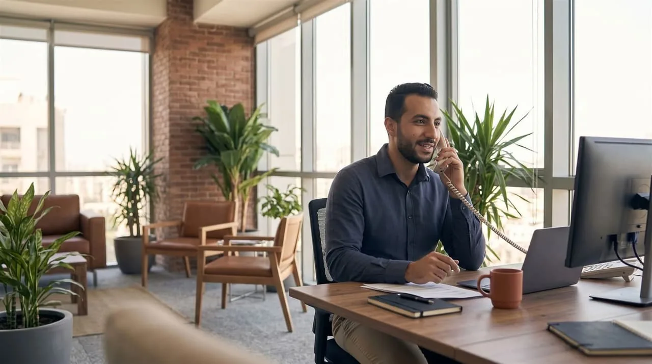Roadmap Consulting team member on a call in a bright, plant-filled Cairo office