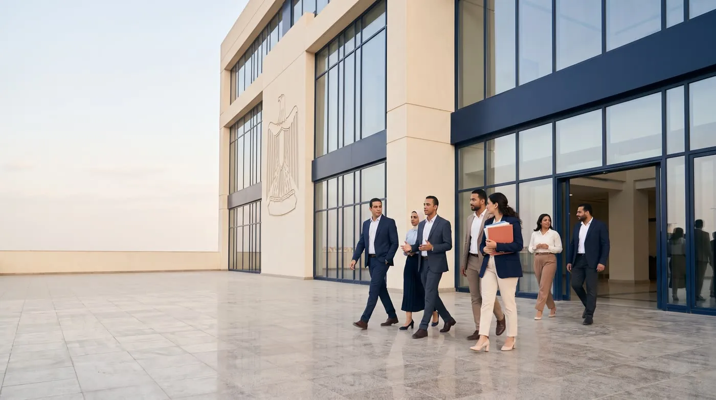 Roadmap team leaving an Egyptian health-authority building