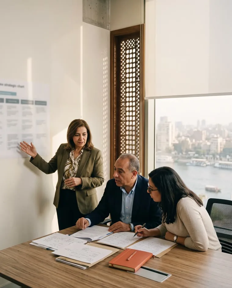 Roadmap—s senior consultants in a working session in Cairo, the Nile beyond the window