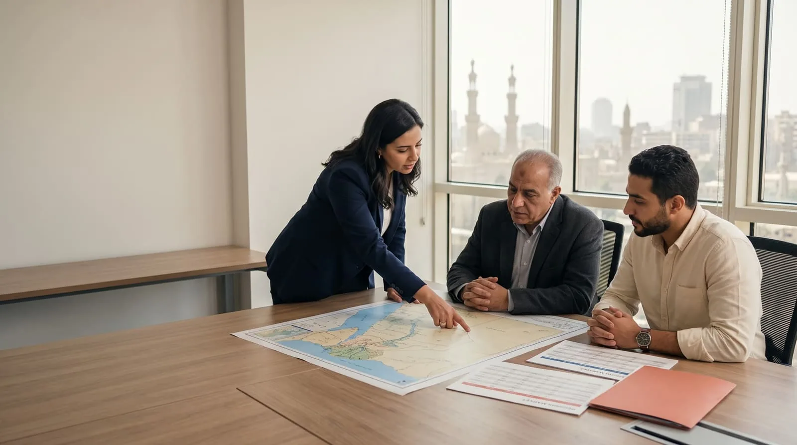 Consultants reviewing a regional market-entry map, Cairo skyline beyond
