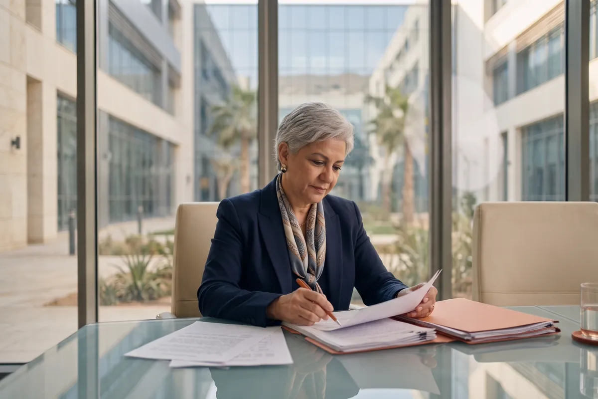 A senior Egyptian healthcare policy leader reviewing documents at a conference table