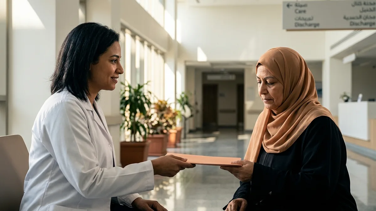 A clinician in a white coat hands a folder to a patient in a hijab inside a modern, sunlit Egyptian hospital corridor, with bilingual Care and Discharge signage in the background