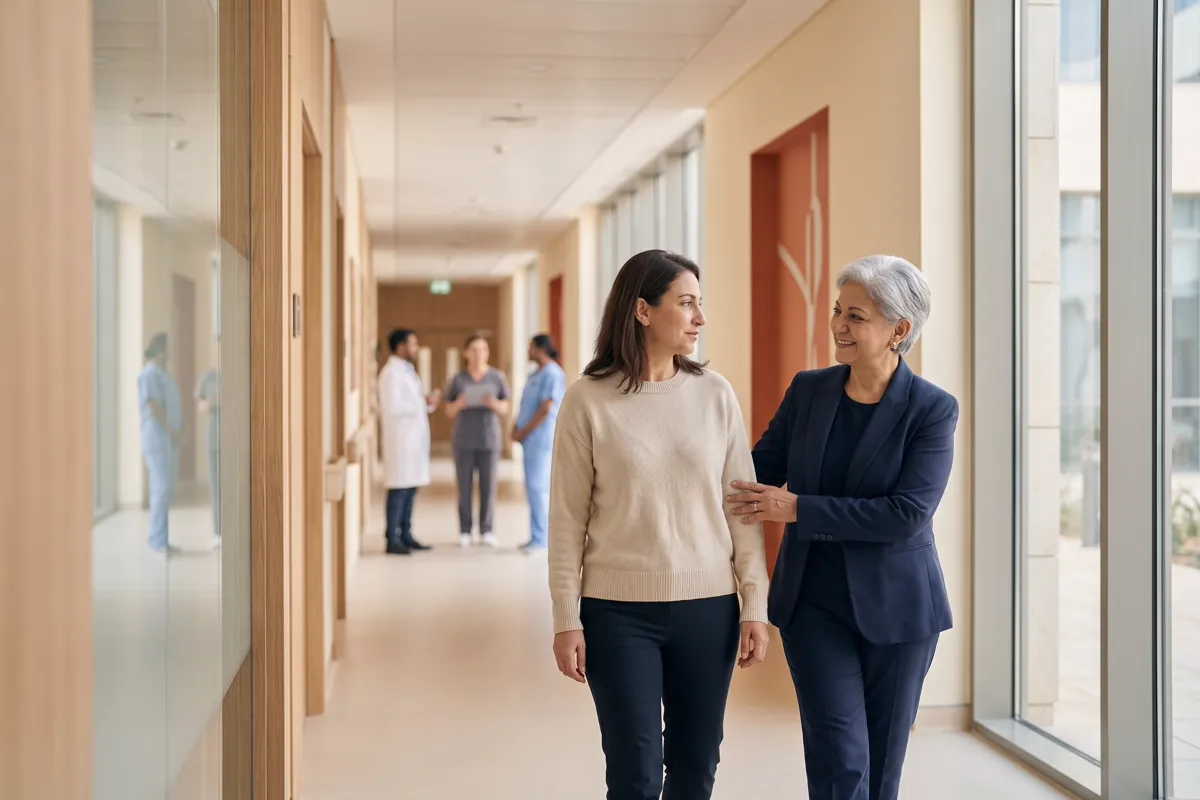 A healthcare leader guiding a patient down a clinic corridor, clinical staff visible in the background